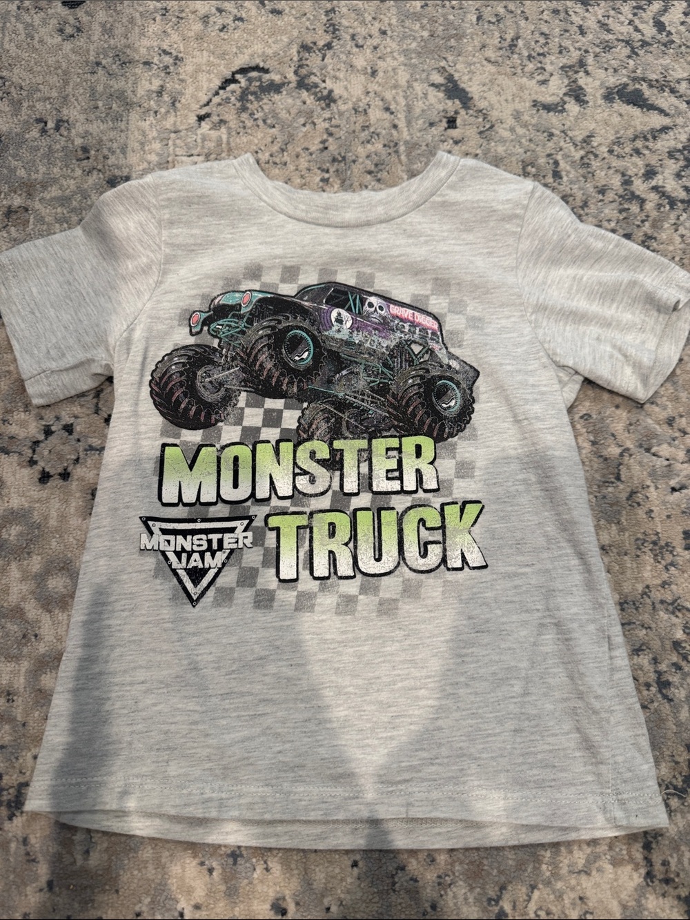 Monster Jam Kids' Short Sleeve Tee - Grey with Green Monster Truck